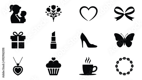 A clean grid layout showcasing twelve modern black icons for valentine's day and beauty on white background