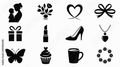 Black icons for valentine's day and feminine themes on white grid background