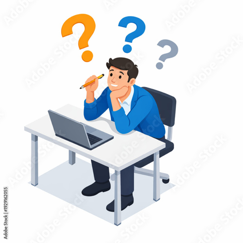 Man contemplating ideas at desk with question marks