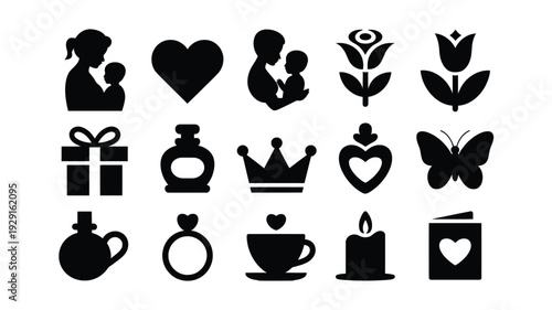 Mother's day silhouette logo bundle with hearts flowers and gifts on white background for greeting cards and social media