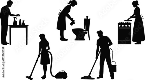 Household chores silhouettes showing cleaning, vacuuming, mopping, cooking, domestic work activities, everyday home tasks and responsibilities flat vector