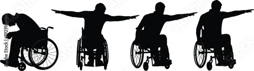 Silhouettes of people in wheelchairs with various poses disabled disability