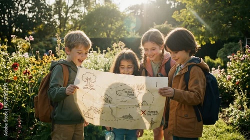 Diverse group of children holding treasure map in sunny garden. Kids with backpacks and magnifying glasses planning adventure. Childhood exploration and teamwork concept
