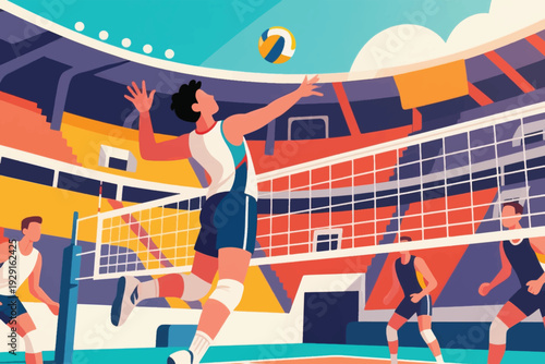 Cartoon illustration of indoor volleyball match, player jumping to spike ball over net while opponents prepare to block, vibrant modern sports arena with colorful seating and dynamic action.
