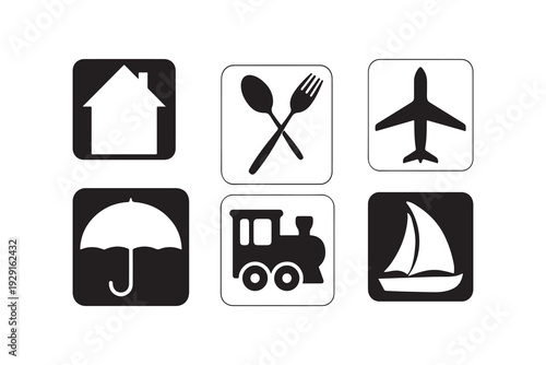 Vector set of hotel and transport travel icons in black silhouette style