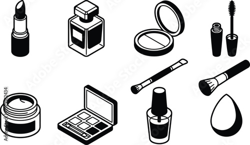 A collection of black and white isometric illustrations of various makeup and beauty products displayed on a white background