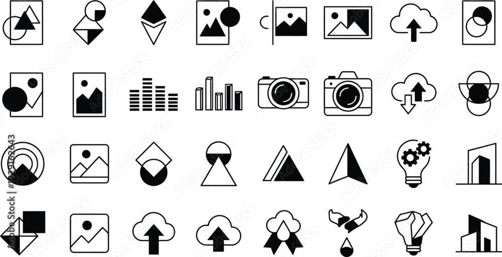 Fototapeta premium A collection of diverse vector graphic design icons representing various concepts including photography data cloud computing and abstract shapes
