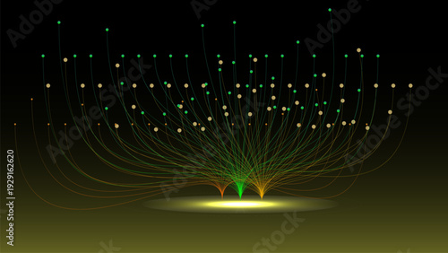 Colorful, abstract tree like diagram with interconnected nodes and lines on transparency background