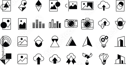 A collection of diverse vector graphic design icons representing various concepts including photography data cloud computing and abstract shapes