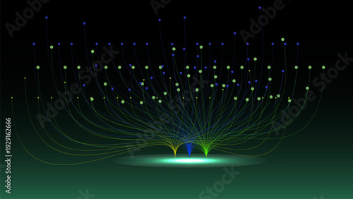 Colorful, abstract network visualization with interconnected nodes and lines on transparency background