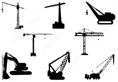 Industrial construction scene silhouette, tower crane and multi-story building frame, monochrome vector design, white background