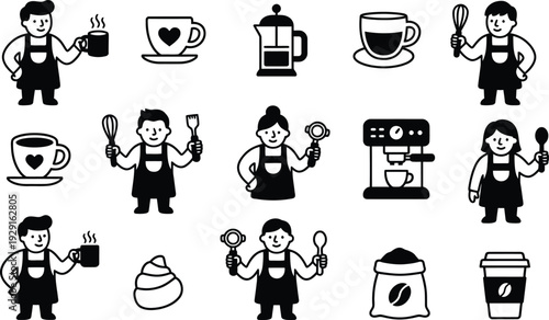 A collection of simple cartoon icons representing coffee shop elements and baristas engaged in various activities and holding tools