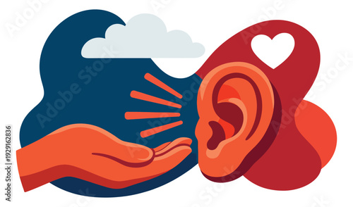 Modern graphic illustration of communication depicting a hand sending a message to an ear with a cloud and a heart for empathy and understanding