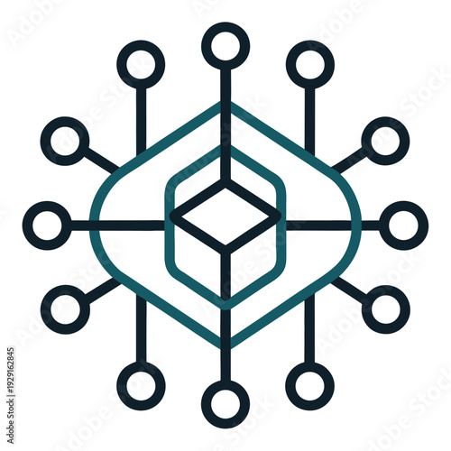 Blockchain technology icon with cube and connected nodes, flat illustration representing decentralized network, cryptocurrency system, and digital data infrastructure