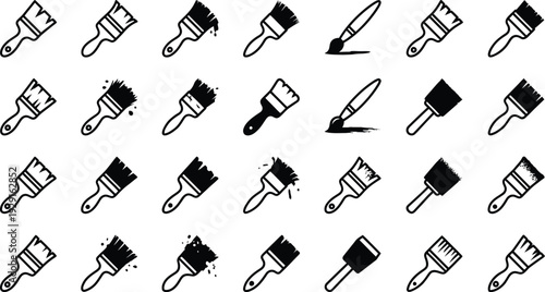 A Collection of Various Paint Brush Icons Showing Different Styles and Paint Applications Isolated on Transparent Background