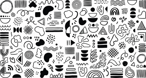 A collection of various black handdrawn abstract shapes and doodle elements scattered across a white background