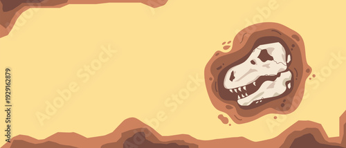 Prehistoric dinosaur fossil excavation background. Vector illustration featuring fossil skull embedded in ground, ideal for website header, museum poster, science presentation, and prehistoric themed.