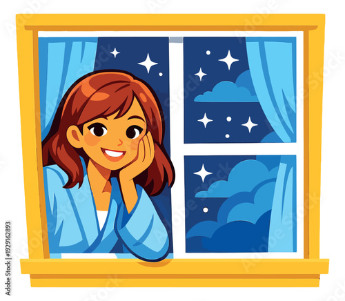 Modern cartoon illustration of a young woman depicting gazing out a window at night for serenity and imagination