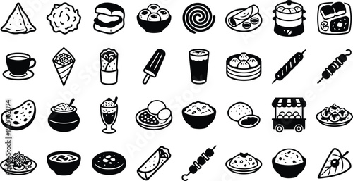 A Diverse Collection of HandDrawn Icons Representing Various Indian Street Food Dishes and Drinks