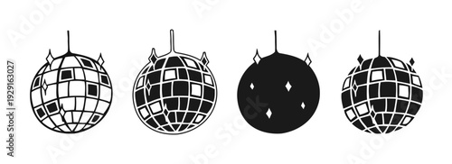 Three mirrored disco balls hang alongside a solid black sphere from metal rods.