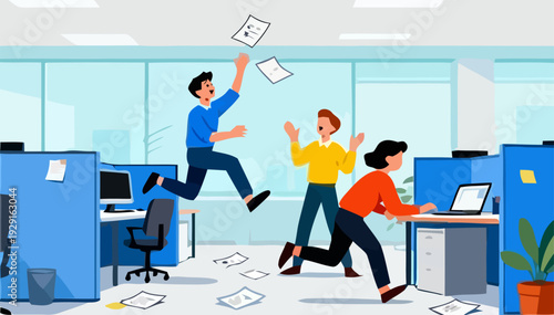 Colleagues celebrate by throwing papers in a joyful office environment with coworkers working.