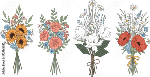 Hand Drawn Floral Bouquet Vector Set with Sunflowers, Roses, Magnolia, and Wildflowers for Wedding Invitations, Greeting Cards, and Botanical Design Projects.