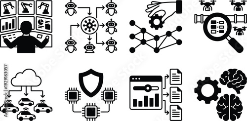 Abstract technological concepts including robotics artificial intelligence cloud computing and data analysis illustrated with icons