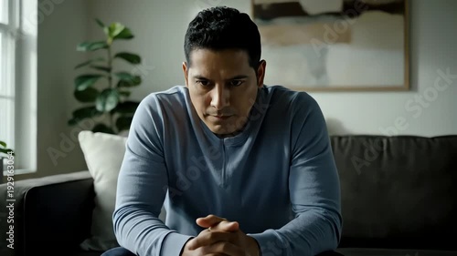 Anxious Man Sits on Couch in Bright Living Room with Gray Sofa and Neutral Abstract Artwork Wearing Blue Long Sleeve Shirt