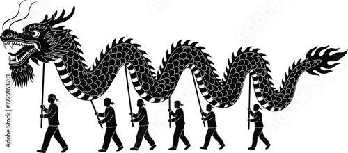 Traditional Chinese dragon dance silhouette featuring performers holding poles, celebrating lunar new year, festival parade, and oriental cultural folk performance art.