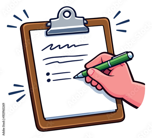 Cartoon illustration of a hand writing on a clipboard depicting a checklist for task management