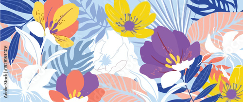 Vibrant floral pattern with colorful flowers and leaves on fabric