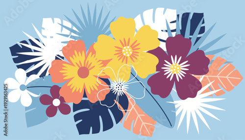Vibrant flowers and leaves arrangement on blue background