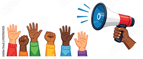 Graphic activism elements set featuring diverse raised hands and a megaphone for social justice and public communication