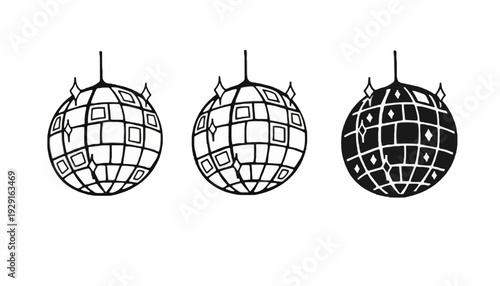 Three hanging globe decorations transform into disco balls with changing light reflections.