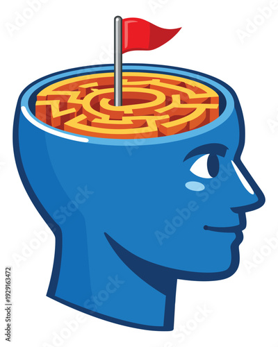 Cartoon illustration of a human mind depicting reaching a goal for problem-solving