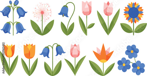 Colorful Spring Flower Vector Collection with Tulips, Bluebells, Sunflower, and Decorative Floral Elements for Botanical Design, Garden Themes, and Seasonal Illustrations.