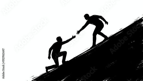 Two people helping on a steep hill with a hand up