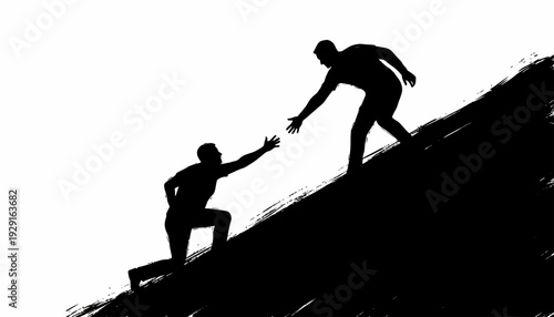 Man helps another man climbing steep hill in dark silhouette landscape