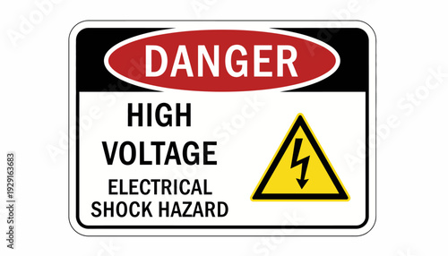 Warning sign displays high voltage electrical shock hazard danger