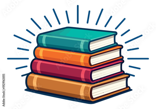 Line art book set featuring a stack of colorful books with radiating lines for education and knowledge