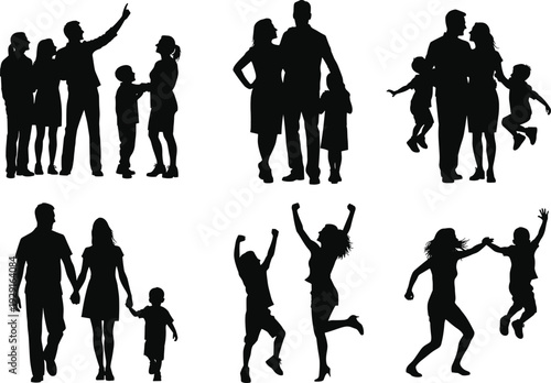 Silhouette families in joyful activities poses, parents children interaction standing walking jumping playing illustration, lifestyle concept design, family relationships, flat vector
