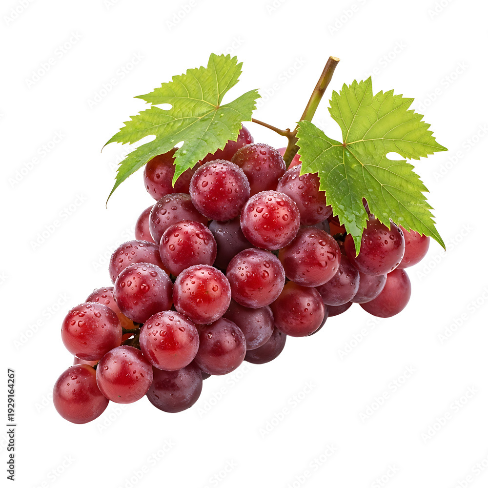 Fototapeta premium A bunch of red grapes with green leaves on transparent background