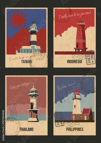 Taiwan, Indonesia, Thailand, Philippines Lighthouses Attraction Postcards, Popular Places Illustration Set, Vector Template Retro Style Greeting Cards. Vintage Colors, Aged Paper Texture