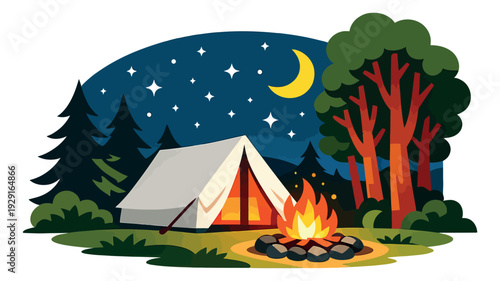 Graphic illustration of a campsite at night depicting a glowing tent and roaring campfire for nature travel and adventure