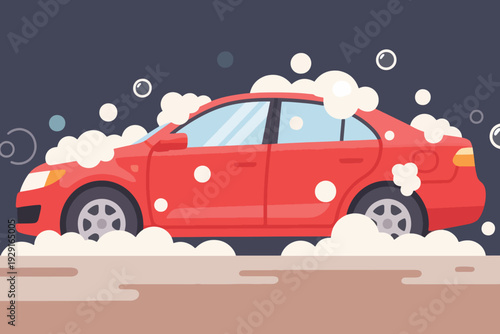 Cartoon illustration of red sedan car covered in soap suds and bubbles during wash, dark background highlighting automotive care, cleanliness, and modern lifestyle service.