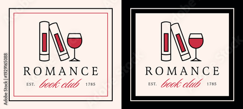 Romance book club wine glass logo french novel literature lover girls night reading group illustration. Romantic spicy bookish dark academia black red aesthetic poster print rectangle sticker design.
