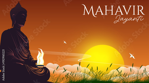 Mahavir Jayanti Silhouette Under Sunset Landscape with Flying Birds