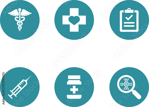 Set of Healthcare Circle Button Icons in Teal Blue with Minimalist Medical Symbols