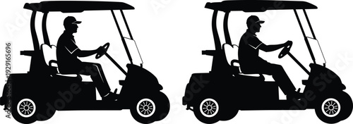 Golf cart driver silhouette vector, electric buggy transport vehicle, recreational sport transportation, golf course mobility, leisure outdoor activity illustration design