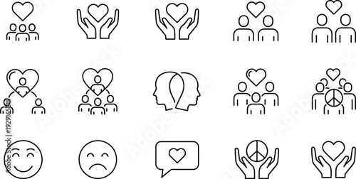 Love and relationship line icons set, social care symbols, community support, friendship emotion, peace communication, mental health, compassion vector illustration